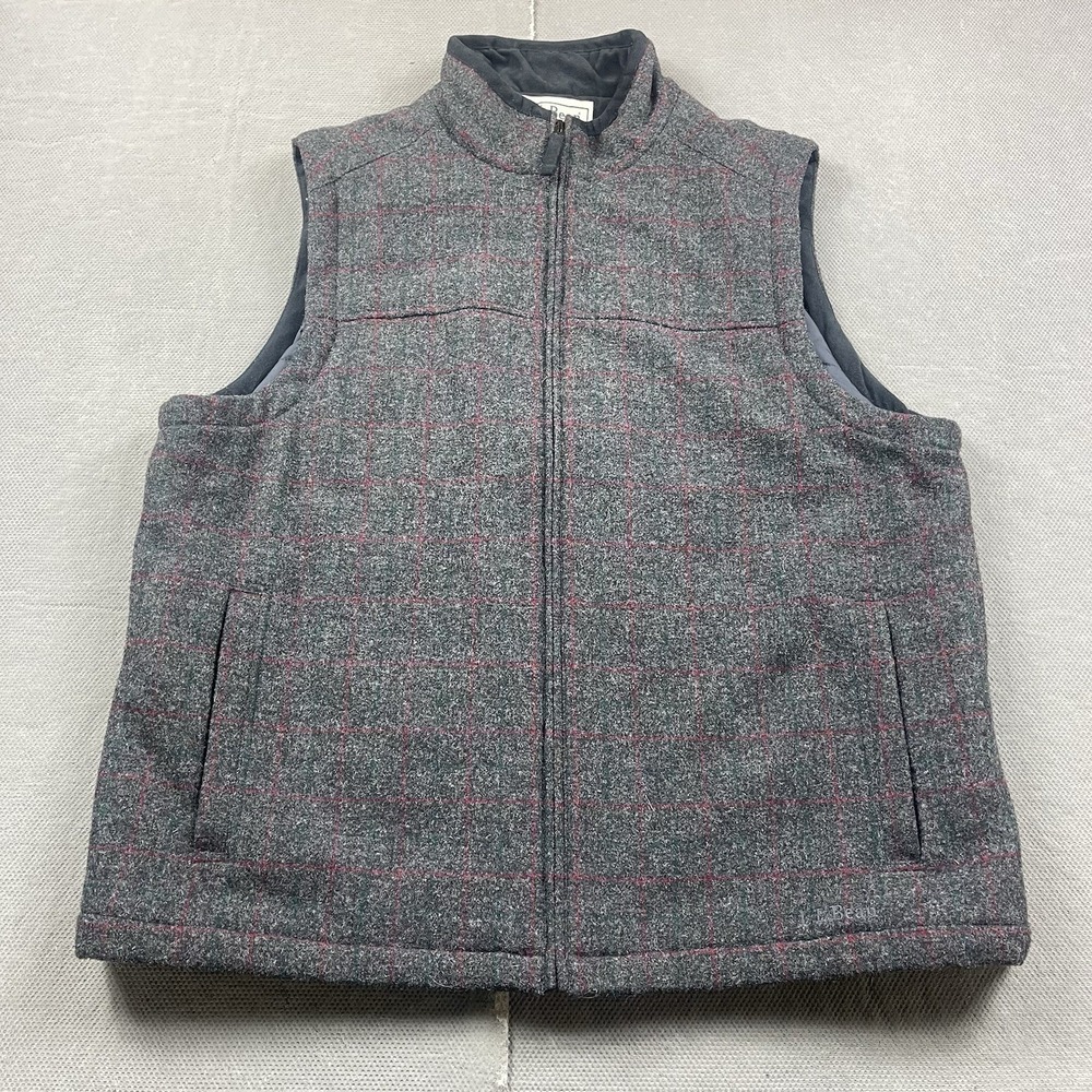 LL Bean Vest Mens XL Gray Plaid Wool‎ Blend Full Zip Quilt Insulated